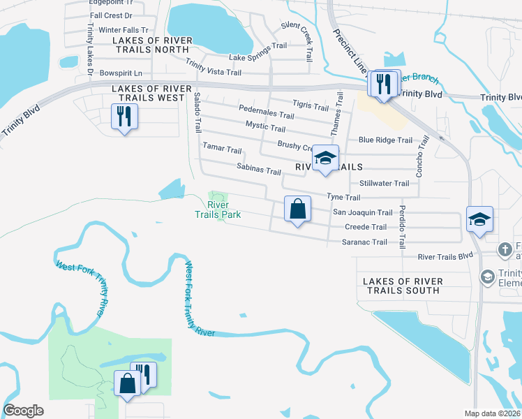 map of restaurants, bars, coffee shops, grocery stores, and more near 8649 Creede Trail in Fort Worth