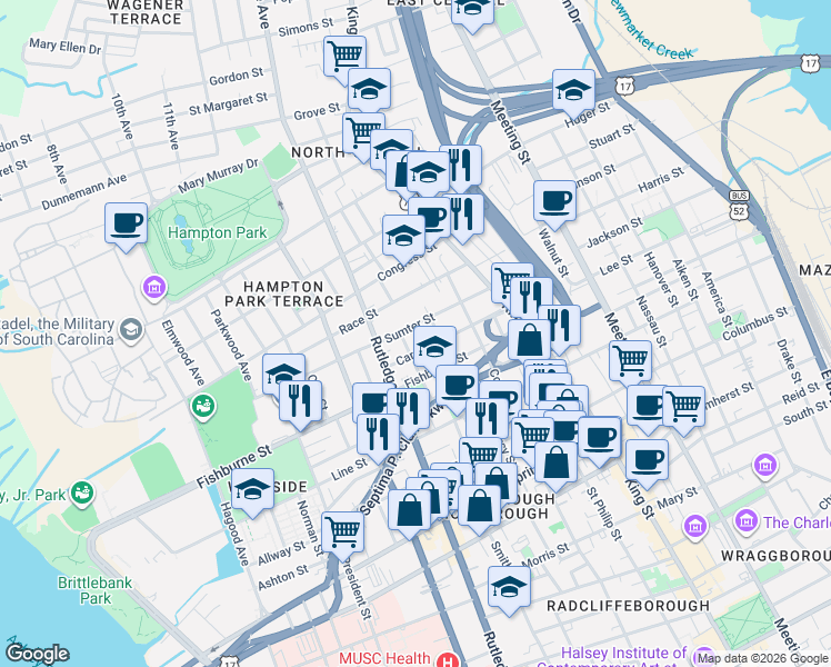 map of restaurants, bars, coffee shops, grocery stores, and more near 12 Perry Street in Charleston