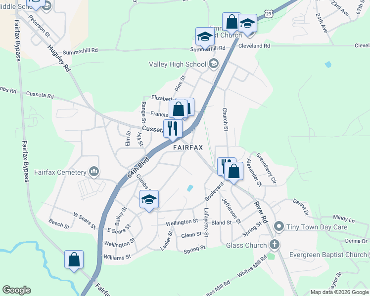 map of restaurants, bars, coffee shops, grocery stores, and more near 102 Boulevard in Valley