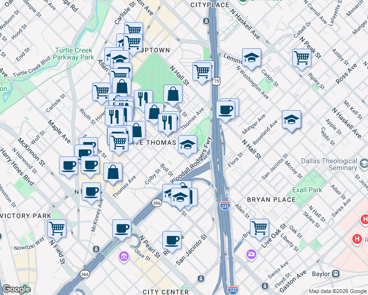 map of restaurants, bars, coffee shops, grocery stores, and more near 2203 Allen Street in Dallas