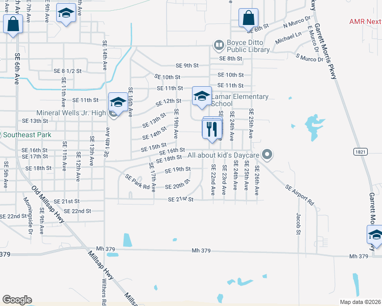 map of restaurants, bars, coffee shops, grocery stores, and more near 2111 Southeast 18th Street in Mineral Wells