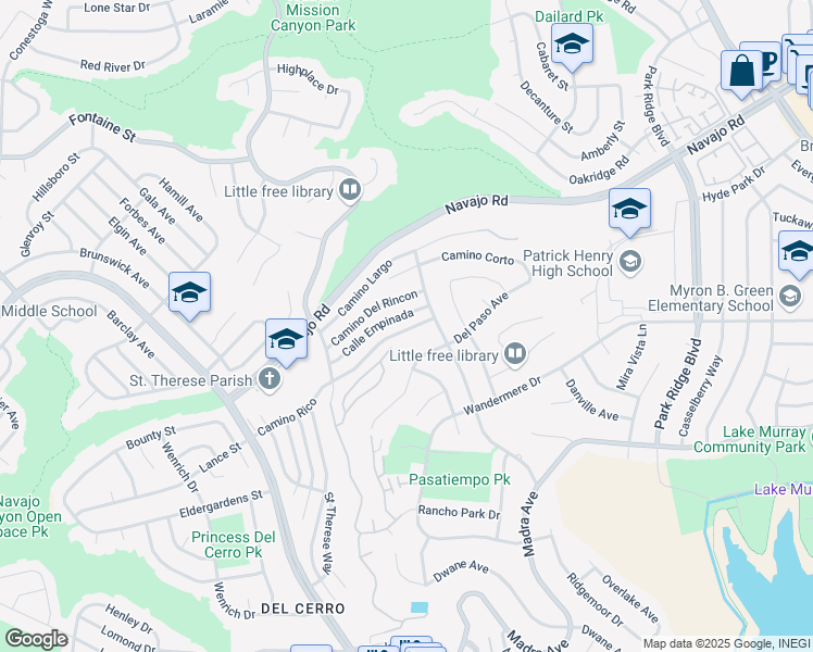 map of restaurants, bars, coffee shops, grocery stores, and more near 6244 Camino Rico in San Diego