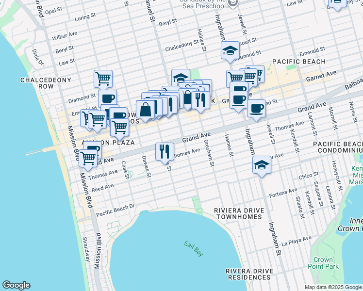 map of restaurants, bars, coffee shops, grocery stores, and more near 1258 Thomas Avenue in San Diego