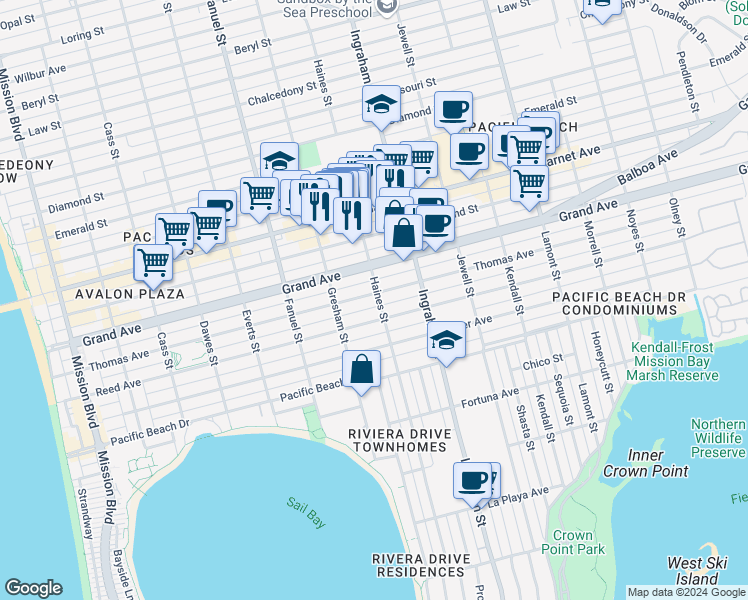 map of restaurants, bars, coffee shops, grocery stores, and more near 1475 Thomas Avenue in San Diego