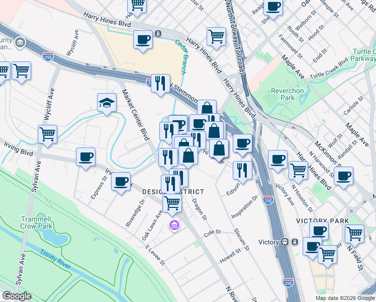 map of restaurants, bars, coffee shops, grocery stores, and more near 1553 Oak Lawn Avenue in Dallas
