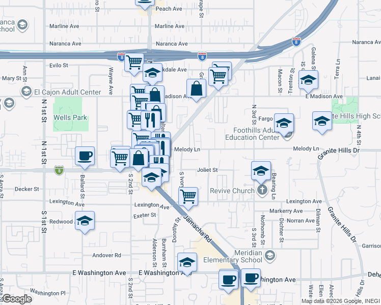 map of restaurants, bars, coffee shops, grocery stores, and more near 1365 Melody Lane in El Cajon