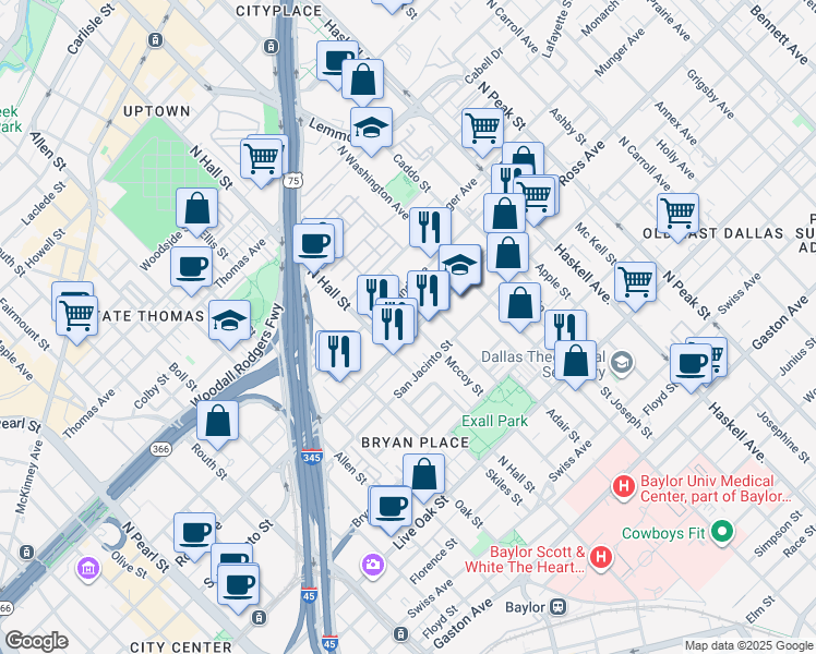 map of restaurants, bars, coffee shops, grocery stores, and more near in Dallas
