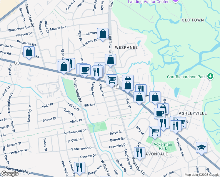 map of restaurants, bars, coffee shops, grocery stores, and more near 1105 Magnolia Road in Charleston