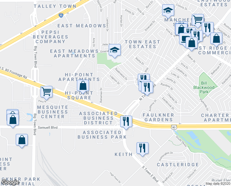map of restaurants, bars, coffee shops, grocery stores, and more near 3924 Flamingo Way in Mesquite