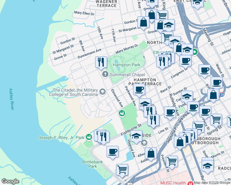 map of restaurants, bars, coffee shops, grocery stores, and more near 554 Huger Street in Charleston