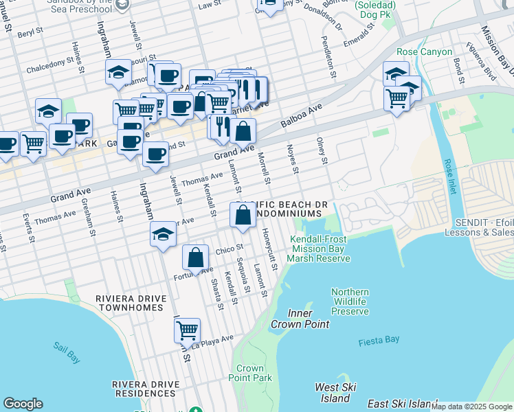 map of restaurants, bars, coffee shops, grocery stores, and more near 1958 Pacific Beach Drive in San Diego