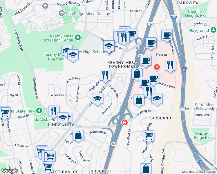 map of restaurants, bars, coffee shops, grocery stores, and more near 7467 Linda Vista Road in San Diego