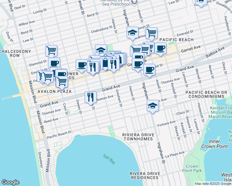 map of restaurants, bars, coffee shops, grocery stores, and more near 1350 Thomas Avenue in San Diego