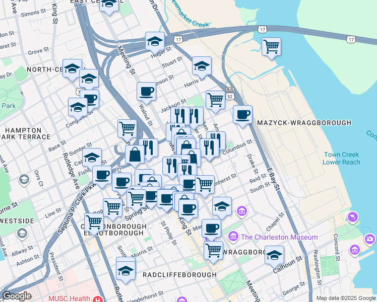 map of restaurants, bars, coffee shops, grocery stores, and more near 23 Line Street in Charleston