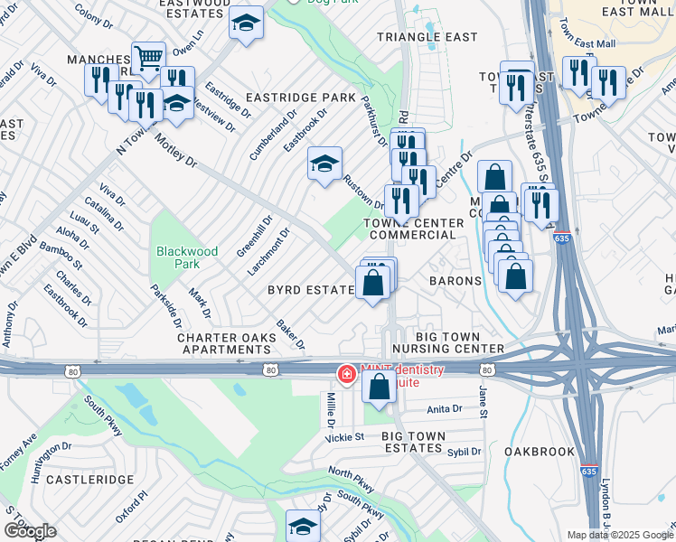 map of restaurants, bars, coffee shops, grocery stores, and more near 2400 Moreland Drive in Mesquite