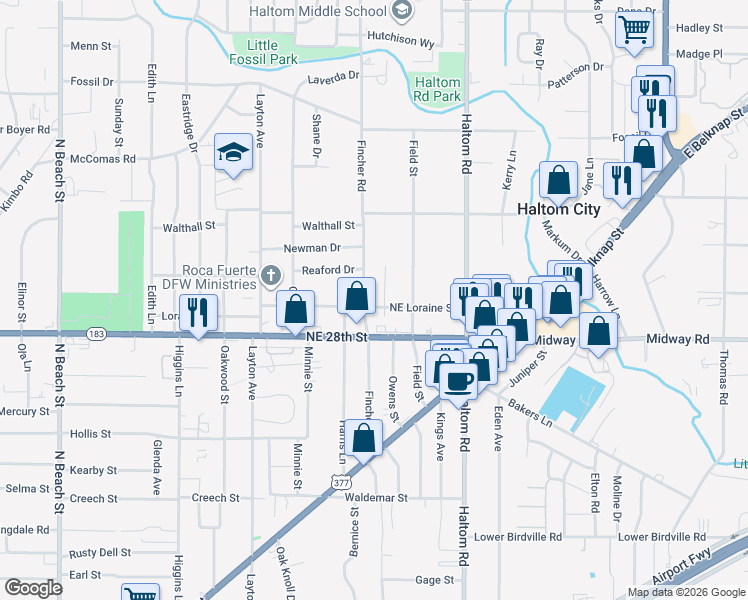 map of restaurants, bars, coffee shops, grocery stores, and more near 4914 Northeast Loraine Street in Haltom City