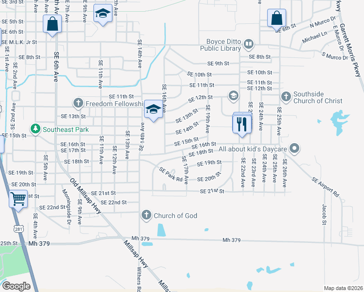 map of restaurants, bars, coffee shops, grocery stores, and more near 1708 Southeast 15th Street in Mineral Wells