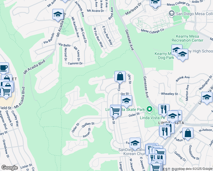 map of restaurants, bars, coffee shops, grocery stores, and more near 6548 Comly Street in San Diego