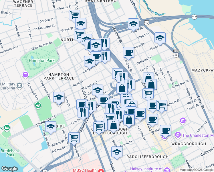 map of restaurants, bars, coffee shops, grocery stores, and more near 13 Carolina Street in Charleston