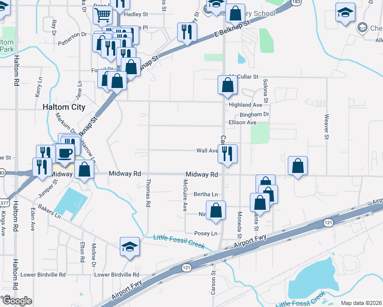 map of restaurants, bars, coffee shops, grocery stores, and more near 5908 Wall Avenue in Haltom City