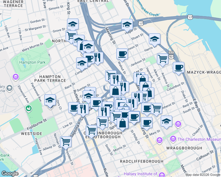 map of restaurants, bars, coffee shops, grocery stores, and more near 86 Fishburne Street in Charleston