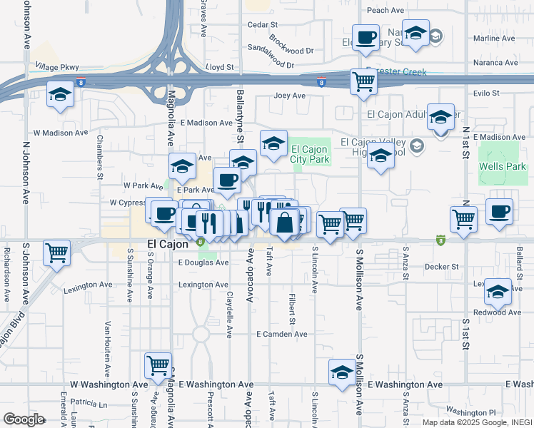 map of restaurants, bars, coffee shops, grocery stores, and more near 163 Ballantyne Street in El Cajon