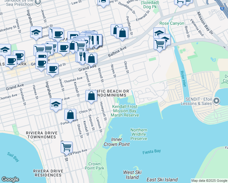 map of restaurants, bars, coffee shops, grocery stores, and more near in San Diego