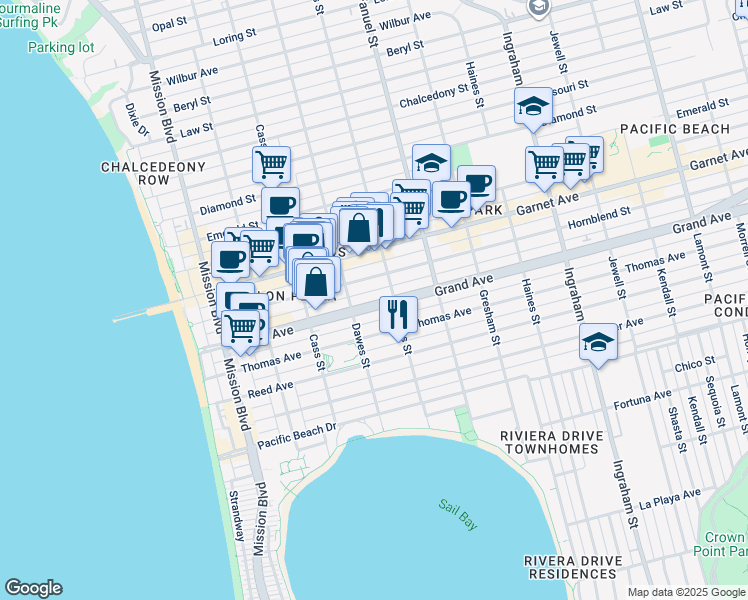 map of restaurants, bars, coffee shops, grocery stores, and more near 1116 Grand Avenue in San Diego