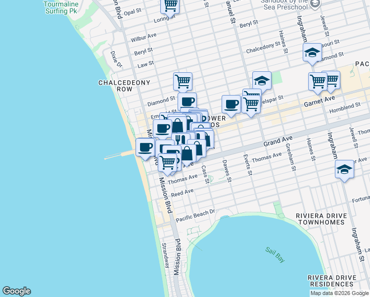map of restaurants, bars, coffee shops, grocery stores, and more near 959 Hornblend Street in San Diego