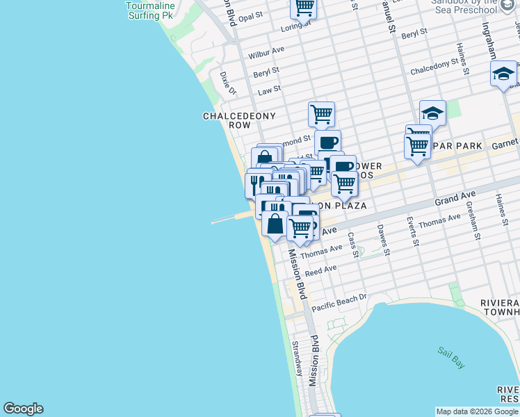 map of restaurants, bars, coffee shops, grocery stores, and more near 4500 Ocean Boulevard in San Diego