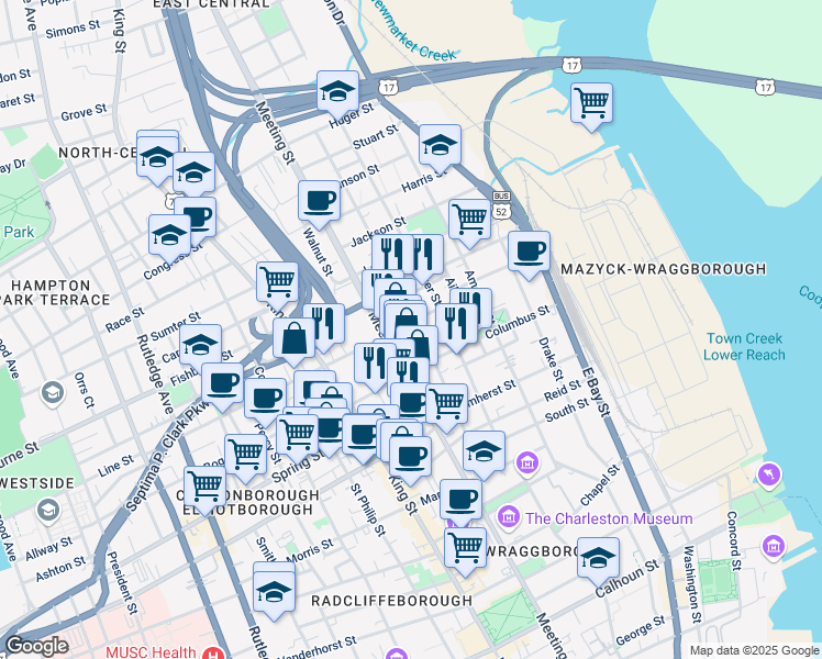 map of restaurants, bars, coffee shops, grocery stores, and more near 472 Meeting Street in Charleston