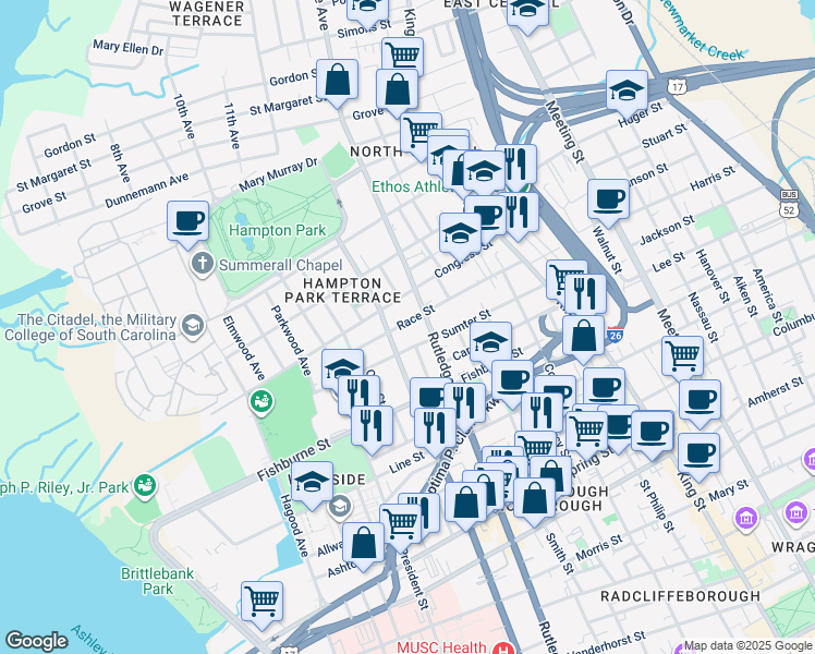 map of restaurants, bars, coffee shops, grocery stores, and more near 346 Ashley Avenue in Charleston