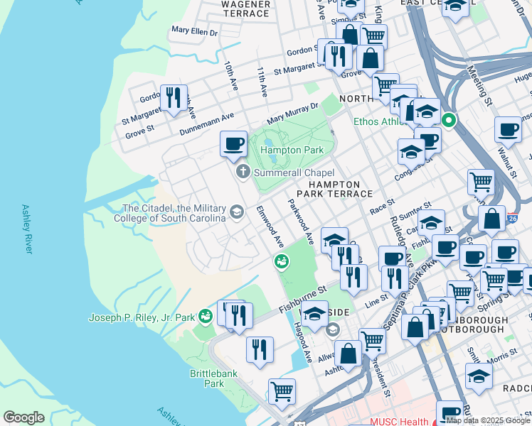 map of restaurants, bars, coffee shops, grocery stores, and more near 554 Huger Street in Charleston
