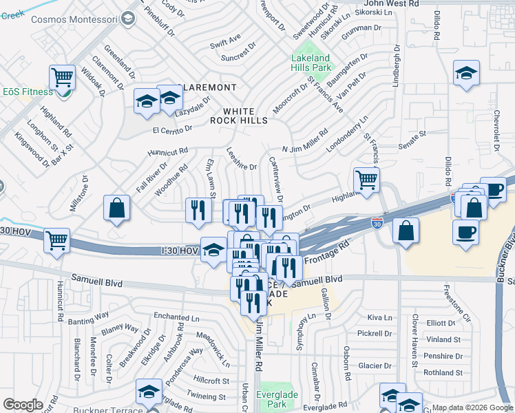 map of restaurants, bars, coffee shops, grocery stores, and more near 3030 Sharpview Lane in Dallas