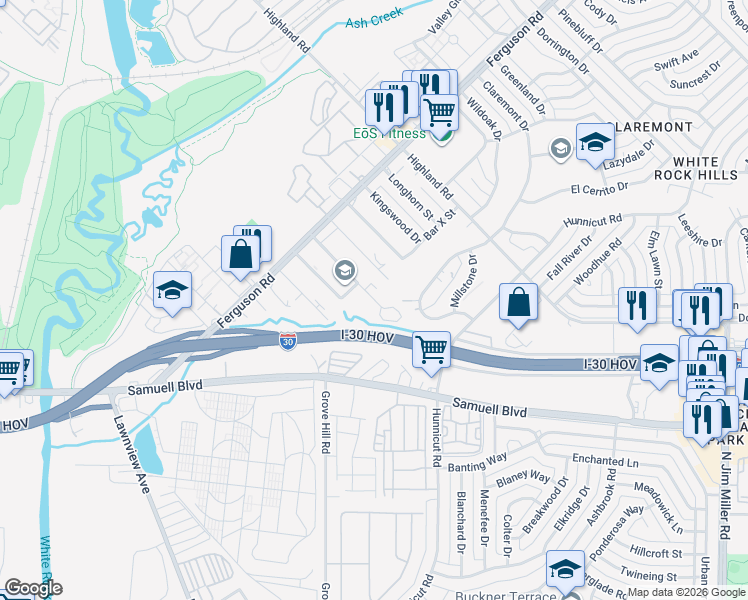 map of restaurants, bars, coffee shops, grocery stores, and more near 2410 Laughlin Drive in Dallas