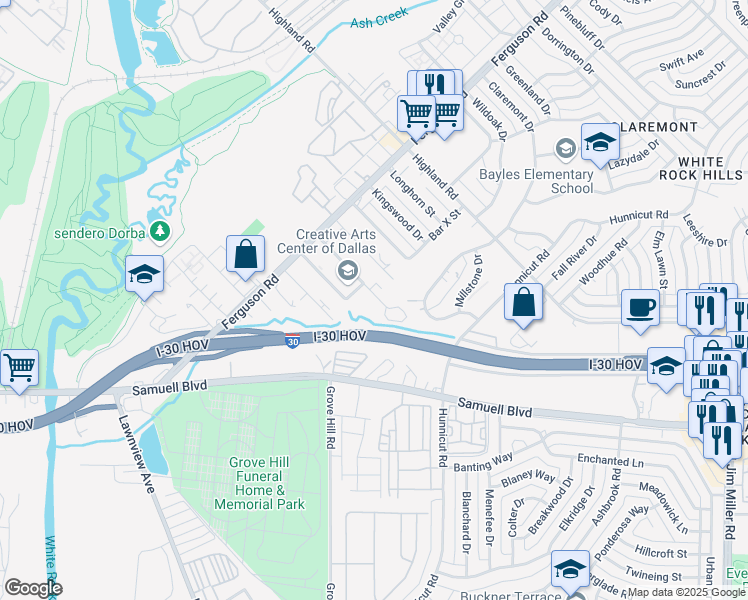 map of restaurants, bars, coffee shops, grocery stores, and more near 2410 Laughlin Drive in Dallas