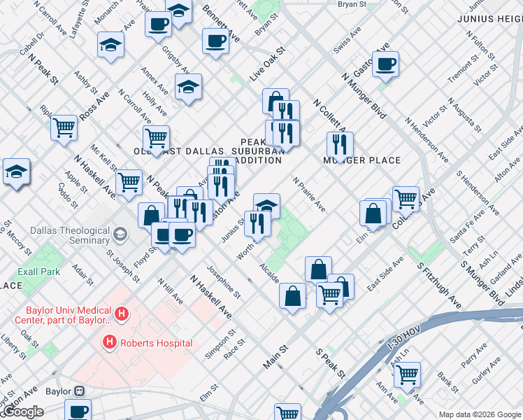 map of restaurants, bars, coffee shops, grocery stores, and more near 4525 Worth Street in Dallas