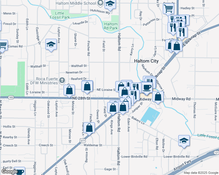 map of restaurants, bars, coffee shops, grocery stores, and more near 5008a Northeast Loraine Street in Haltom City