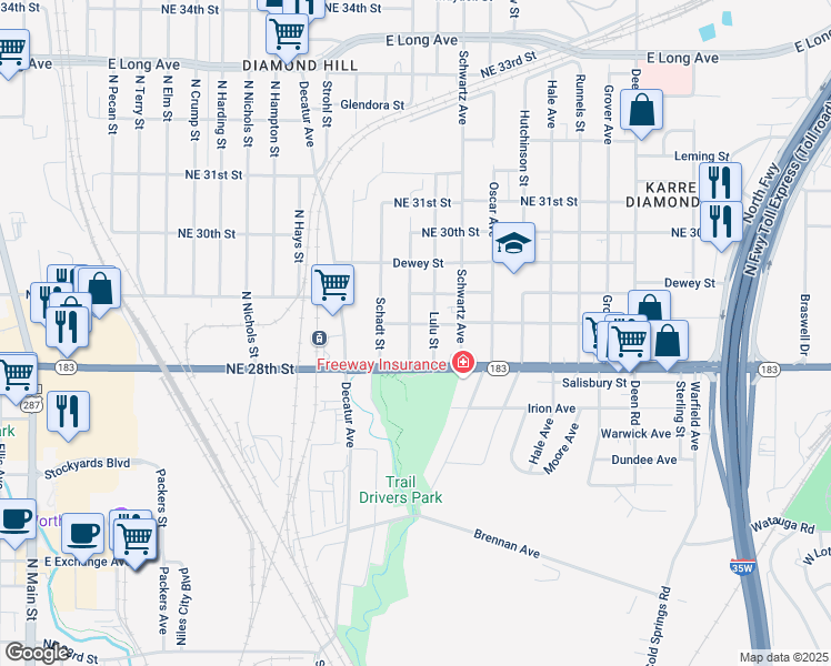 map of restaurants, bars, coffee shops, grocery stores, and more near 2809 Weber Street in Fort Worth