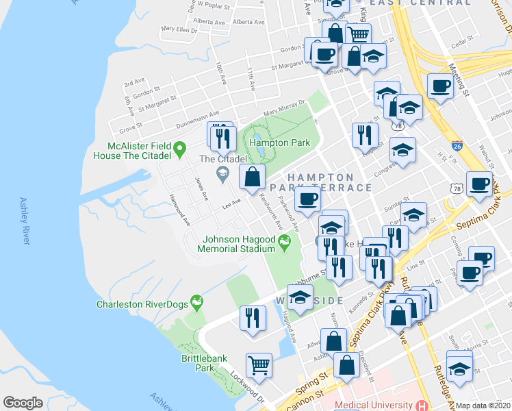 map of restaurants, bars, coffee shops, grocery stores, and more near 16 Elmwood St in Charleston