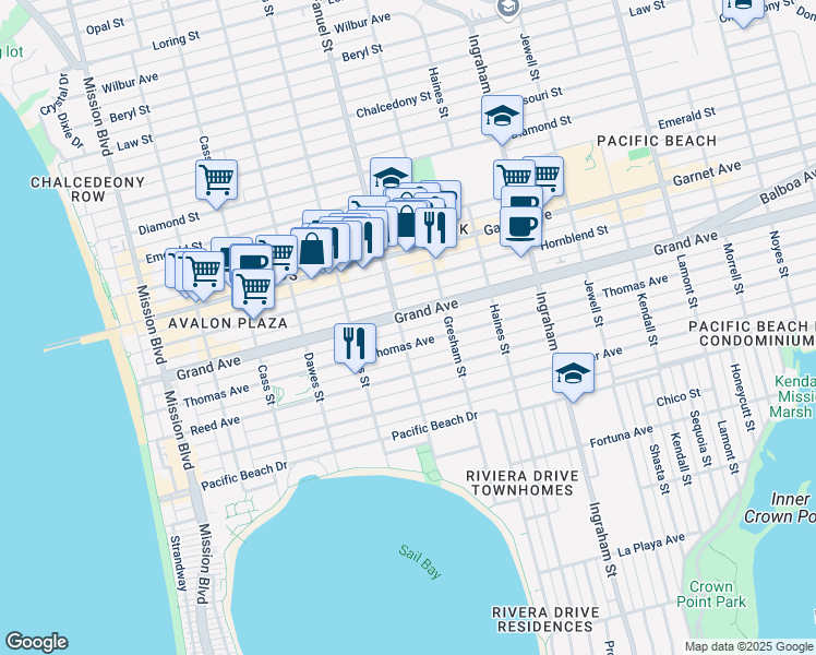 map of restaurants, bars, coffee shops, grocery stores, and more near 1258 Thomas Avenue in San Diego