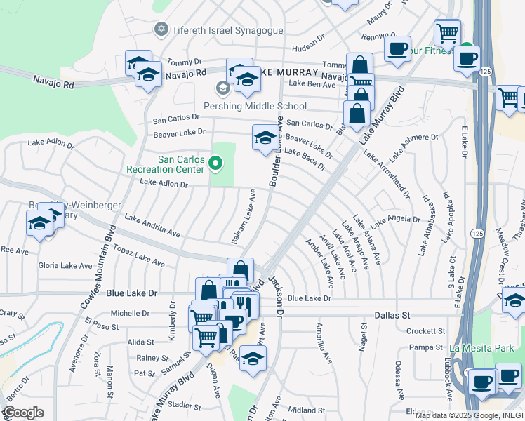 map of restaurants, bars, coffee shops, grocery stores, and more near 6368 Boulder Lake Avenue in San Diego