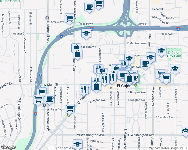 map of restaurants, bars, coffee shops, grocery stores, and more near 200 Chambers Street in El Cajon