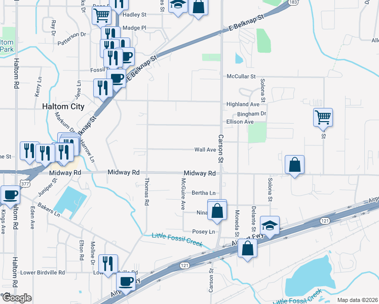 map of restaurants, bars, coffee shops, grocery stores, and more near 5908 Wall Avenue in Fort Worth