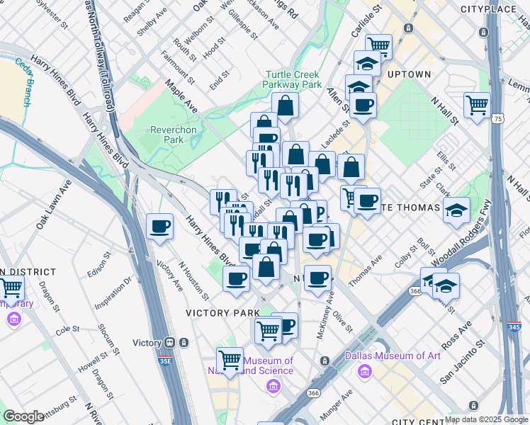 map of restaurants, bars, coffee shops, grocery stores, and more near 2826 Bookhout Street in Dallas