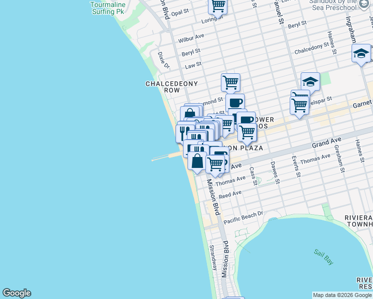 map of restaurants, bars, coffee shops, grocery stores, and more near 4465 Ocean Front Walk in San Diego