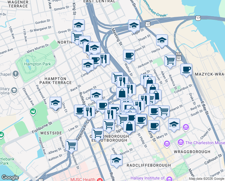 map of restaurants, bars, coffee shops, grocery stores, and more near 86 Fishburne Street in Charleston