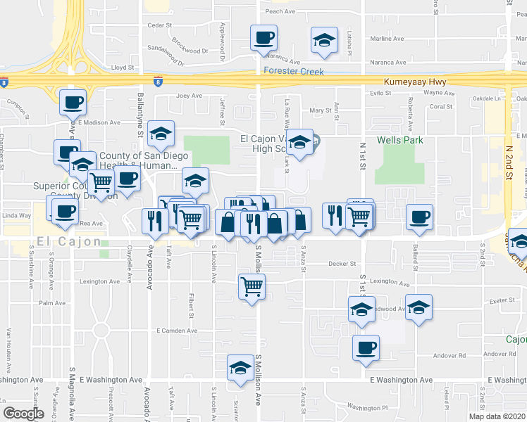 map of restaurants, bars, coffee shops, grocery stores, and more near 191 Mollison in El Cajon
