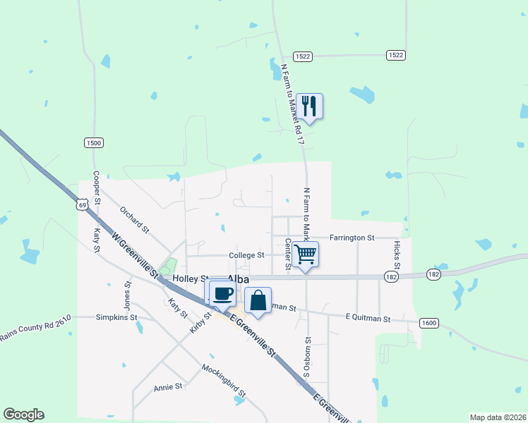 map of restaurants, bars, coffee shops, grocery stores, and more near 199 Higginbotham Street in Alba