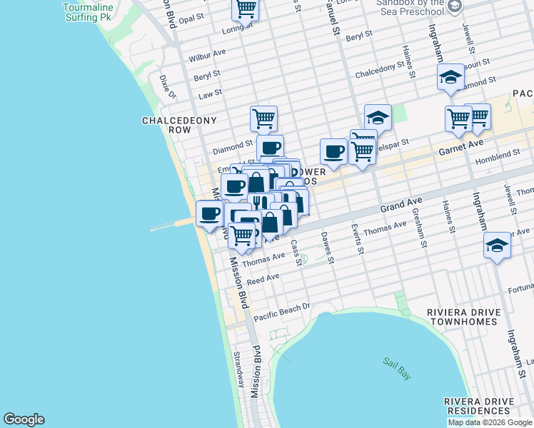 map of restaurants, bars, coffee shops, grocery stores, and more near 959 Hornblend Street in San Diego